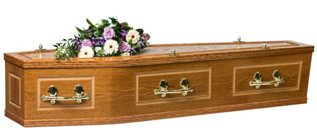 Veneered Oak Coffin with half round on the lid