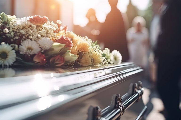 Traditional funeral with flower arrangement on coffin